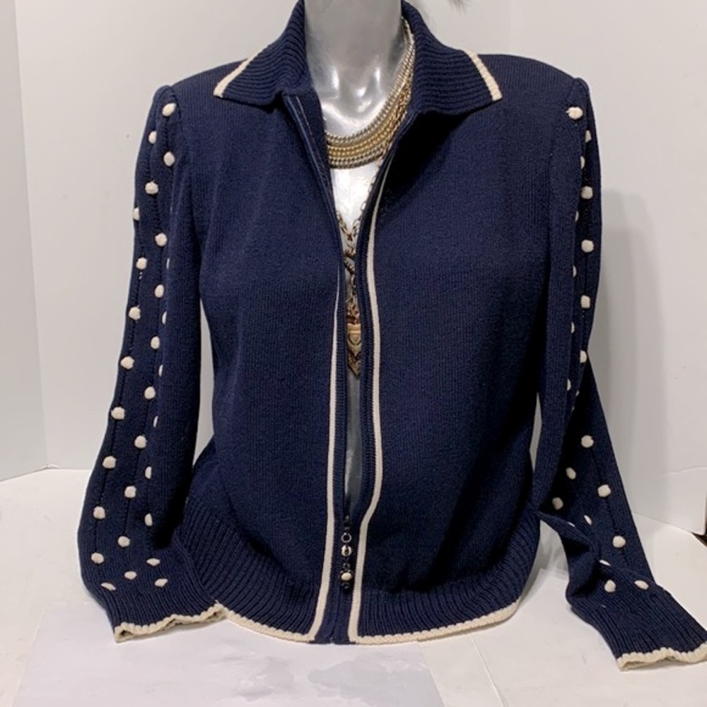 ST. JOHN cardigan navy zipper polka dot